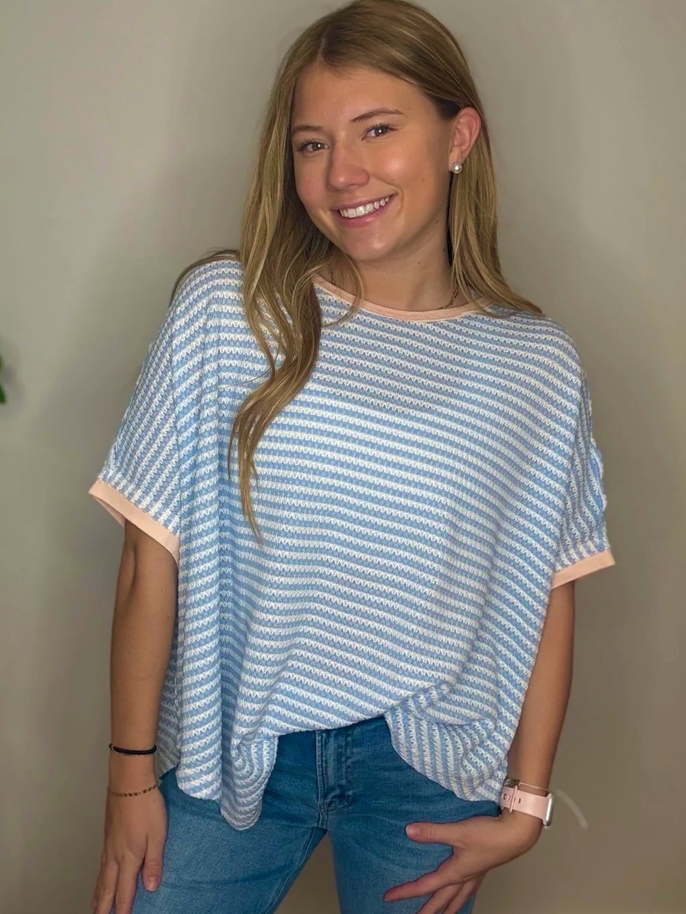 Blue & White Striped Thermal Knit Top
